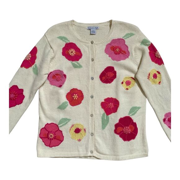 Vintage Eagle's Eye Cardigan Women's LG Pink Embroidered Flowers Knit Sweater - Picture 1 of 15